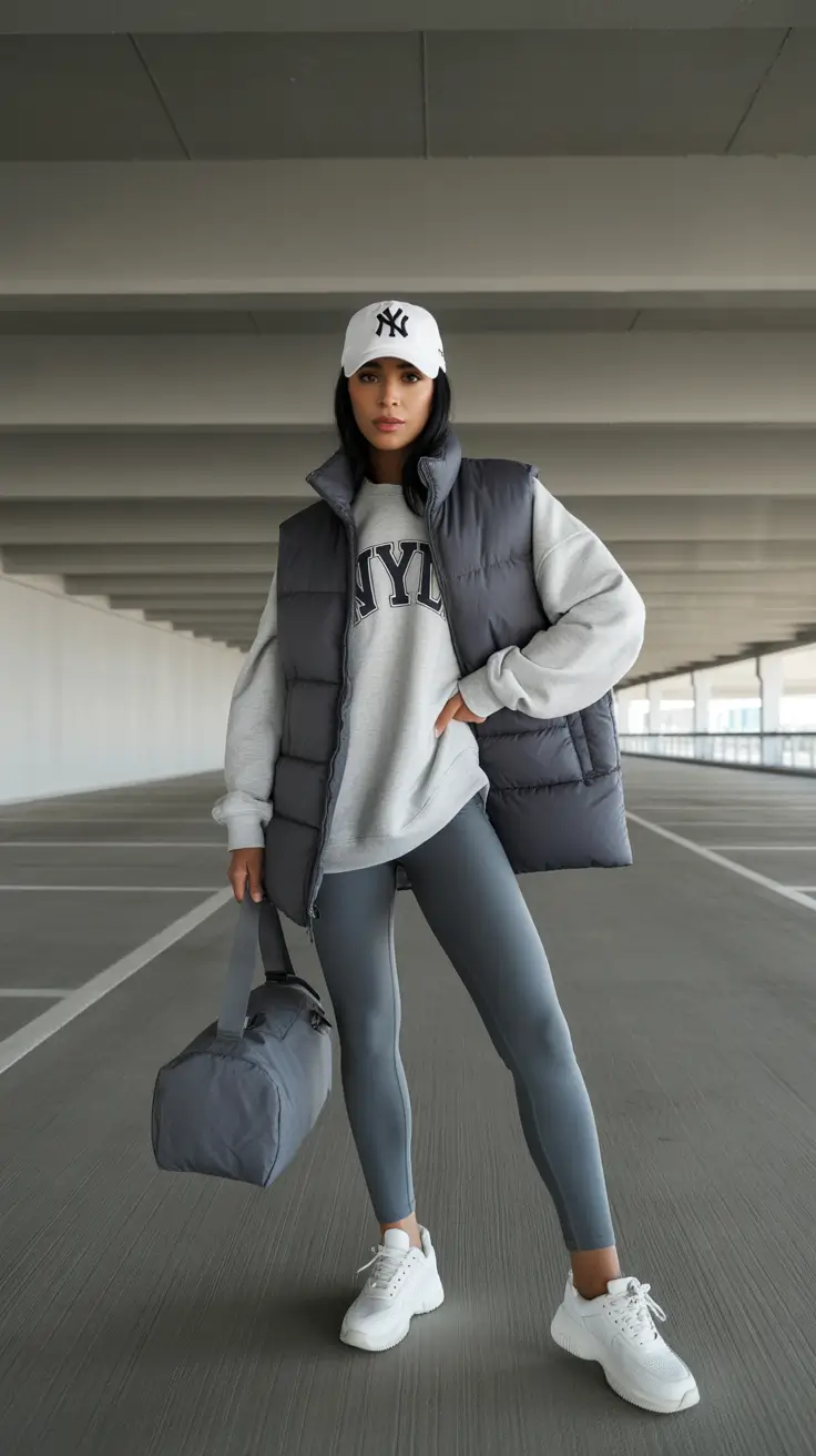 Trendy gym outfits 2026 - Puffer vest and campus-sport layers