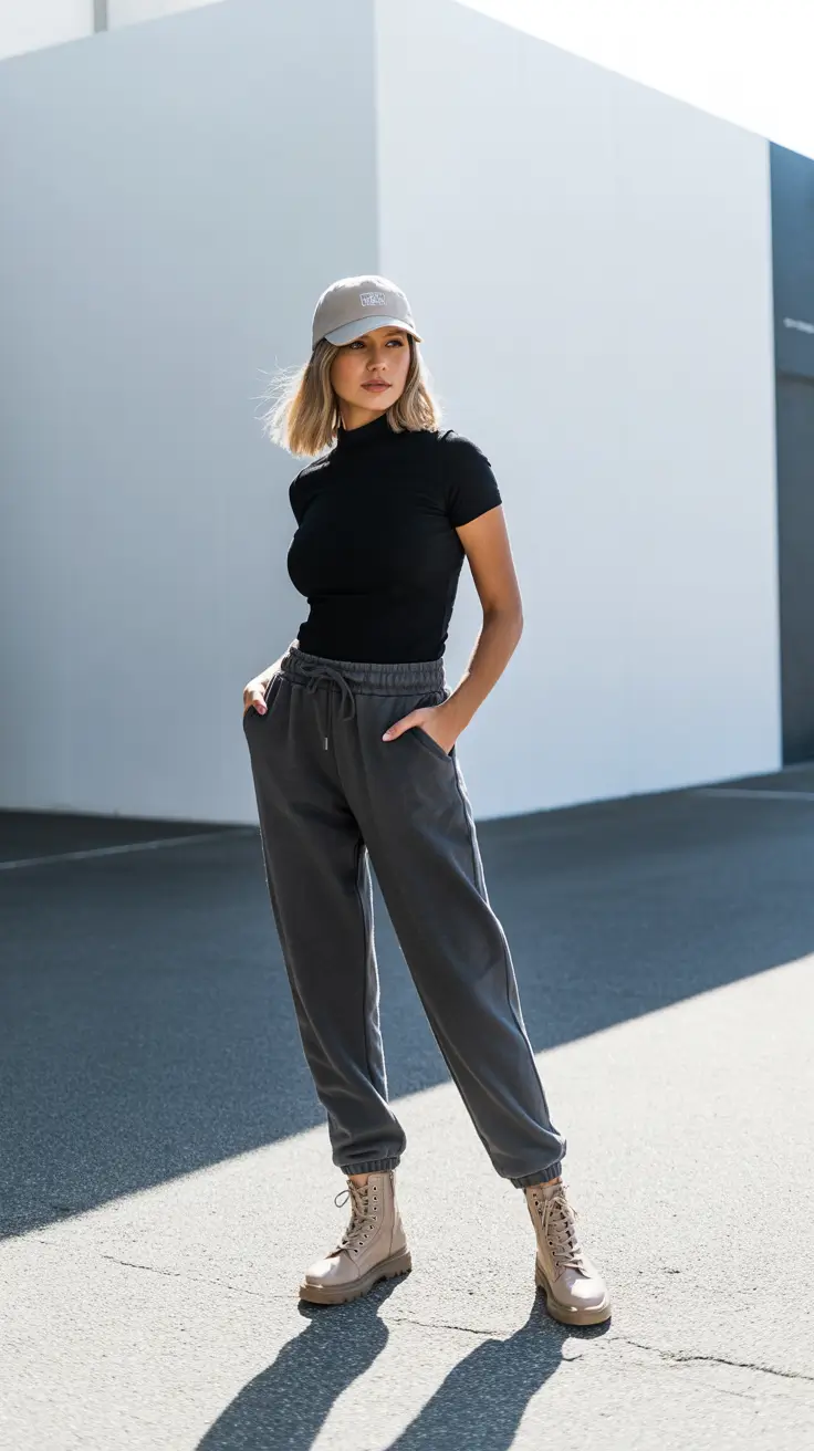 Trendy gym outfits 2026 Sport-classic with an edge - fitted tee, slouchy sweats, combat boots