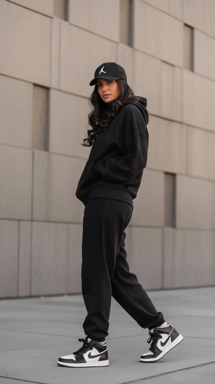 Trendy gym outfits 2026 - All-black hoodie set with court sneakers