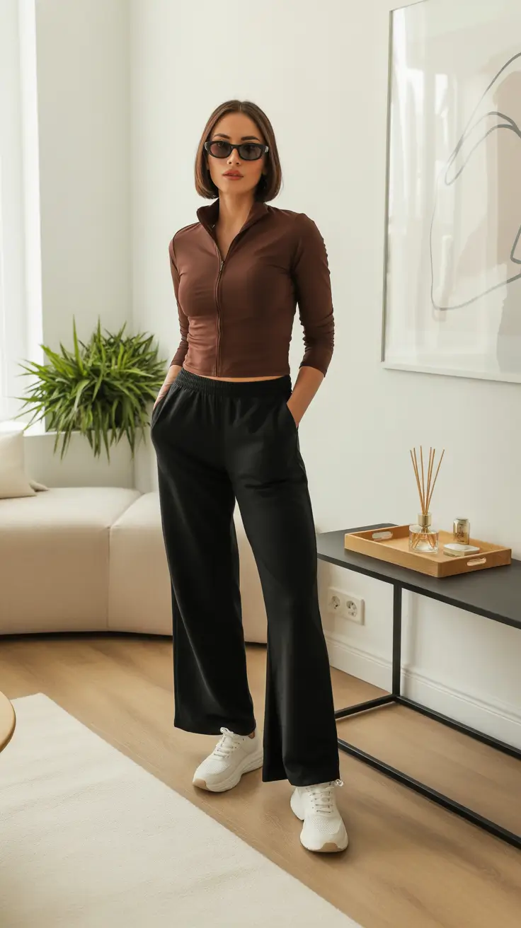 Trendy gym outfits 2026 - Minimalist zip-up and wide-leg ease