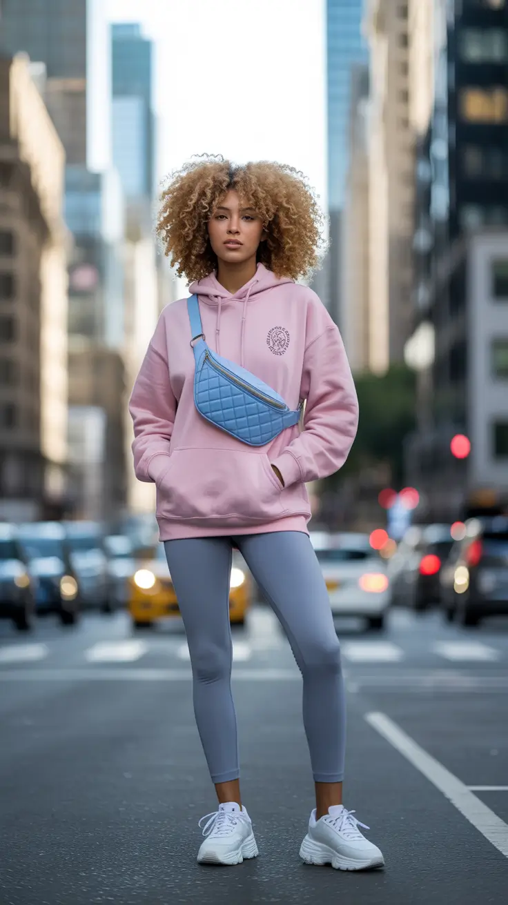 Trendy gym outfits 2026 - Pastels and a quilted belt bag