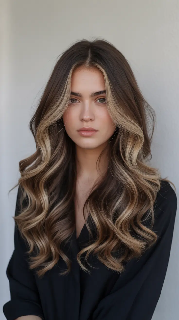 Fresh hair color ideas 2026 for an instant glow-up - Soft honey ribbons on mushroom brown waves