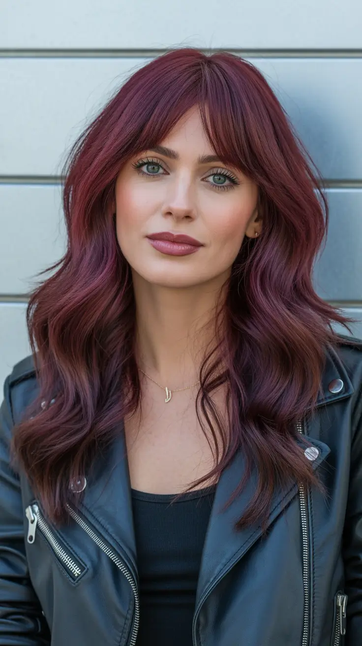 Fresh hair color ideas 2026 for an instant glow-up - Berry Black Cherry Waves With Soft Fringe