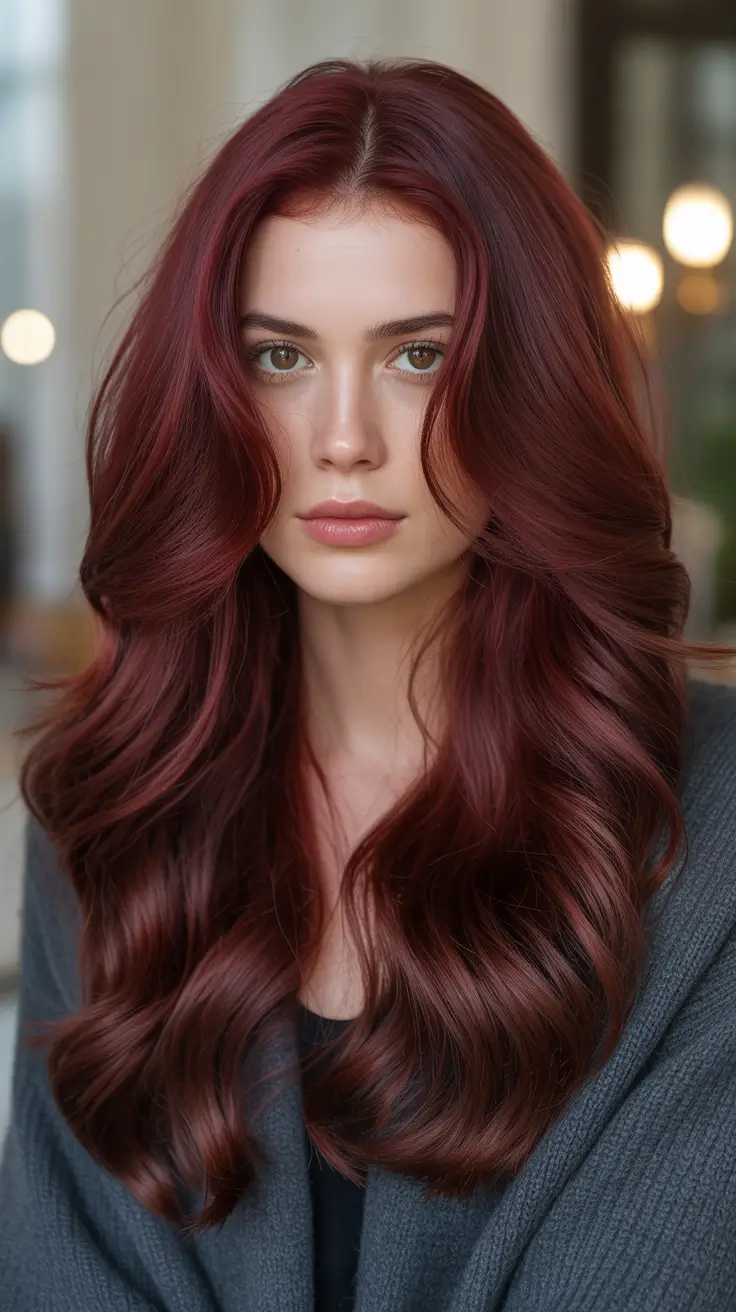 Fresh hair color ideas 2026 for an instant glow-up - Velvety Cherry Cola Lengths With Lush Waves