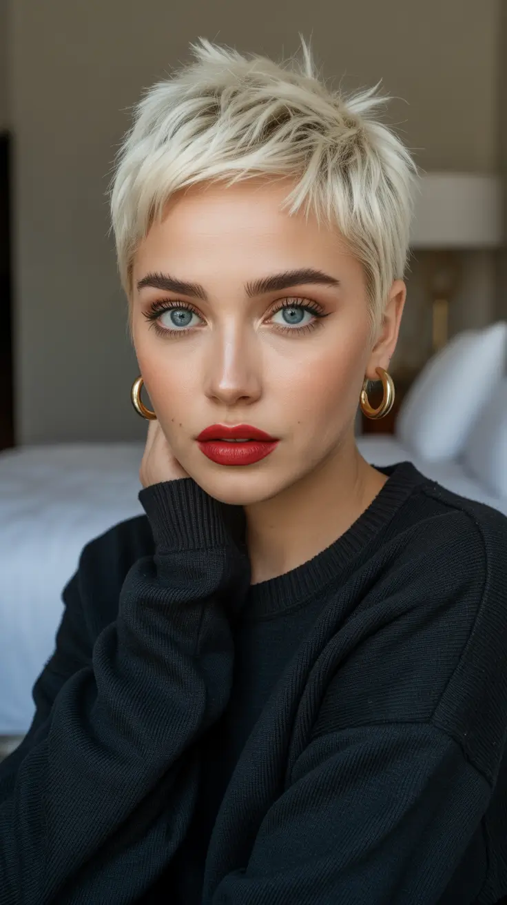 Fresh hair color ideas 2026 for an instant glow-up - Icy micro-pixie blonde with retro rebel vibes