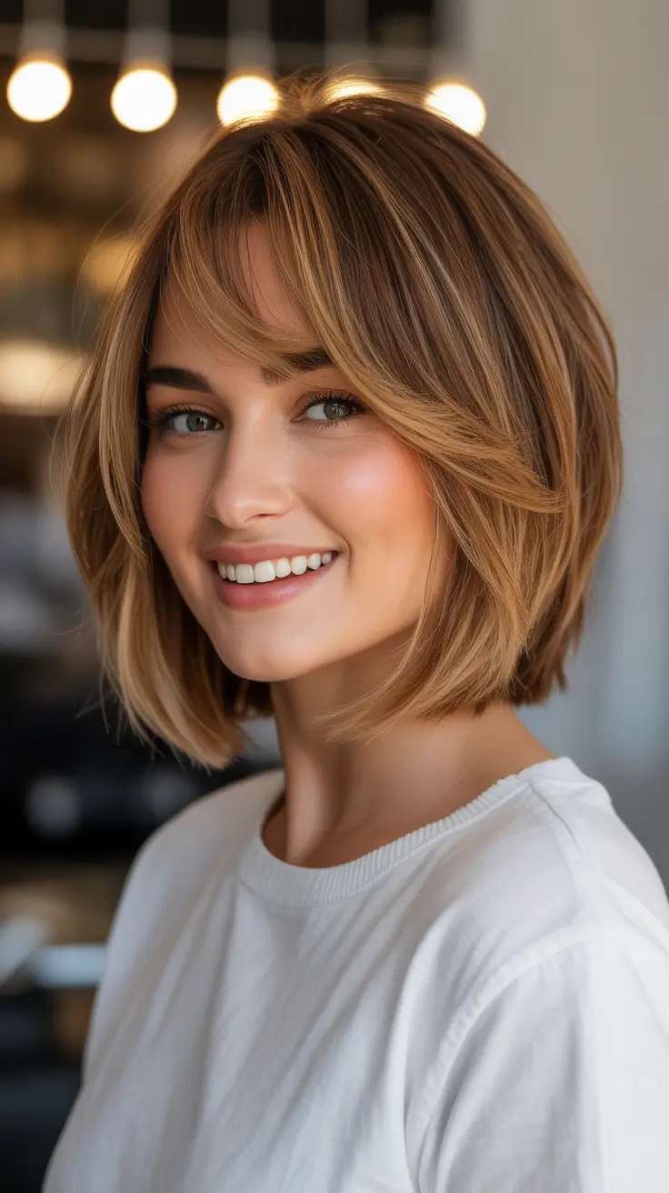 Fresh hair color ideas 2026 for an instant glow-up - Honey bronde bob with airy fringe