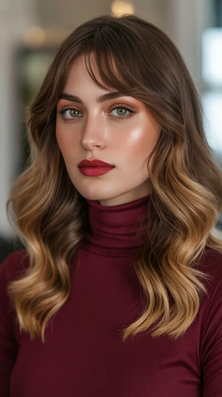 Fresh hair color ideas 2026 for an instant glow-up - Soft auburn melt with curtain bangs and golden ends