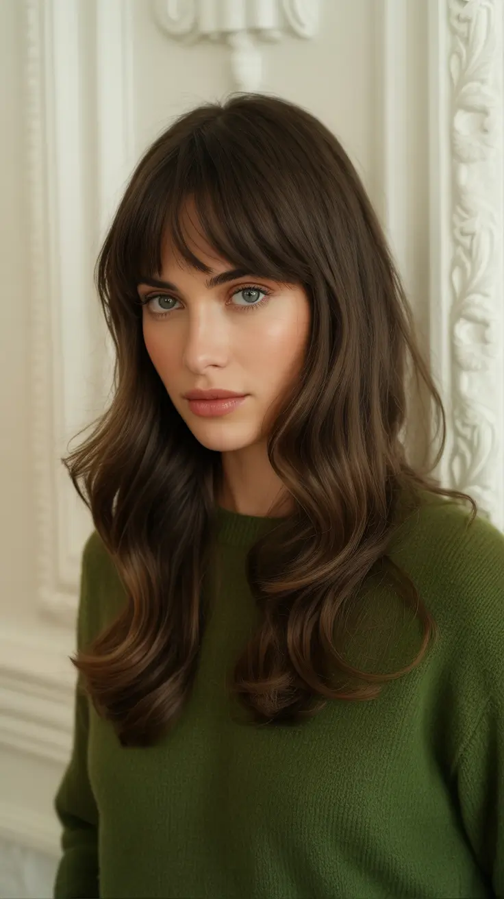 Fresh hair color ideas 2026 for an instant glow-up - Glossy chocolate brown with airy fringe and soft length