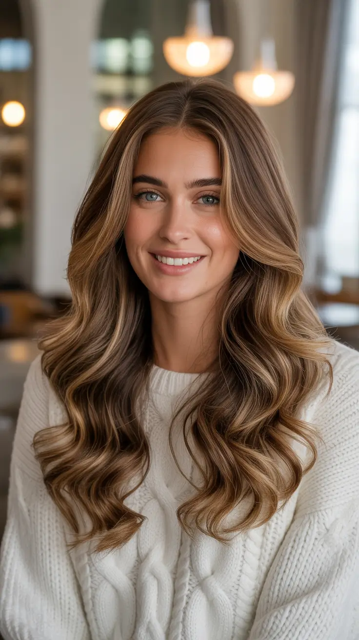Fresh hair color ideas 2026 - Caramel ribbon waves on long brunette lengths