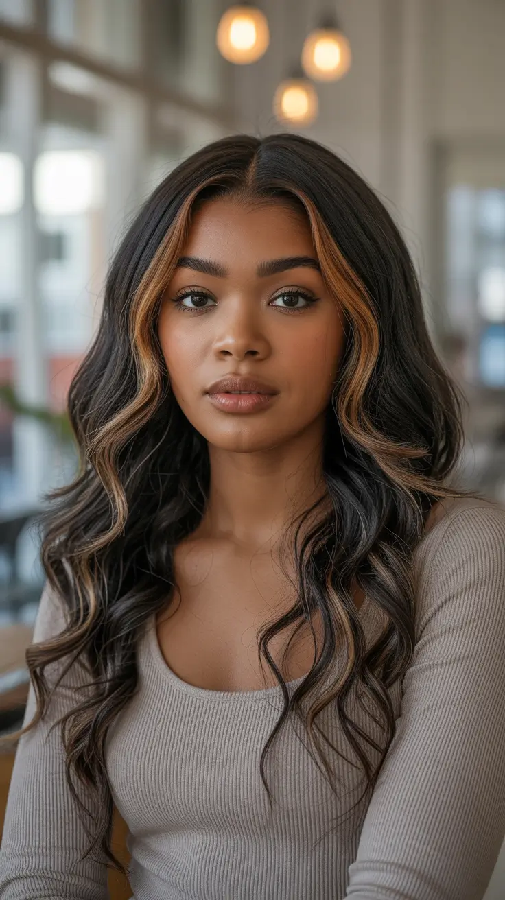 Cool hair color for brown skin 2026 Soft Caramel Money Piece Waves