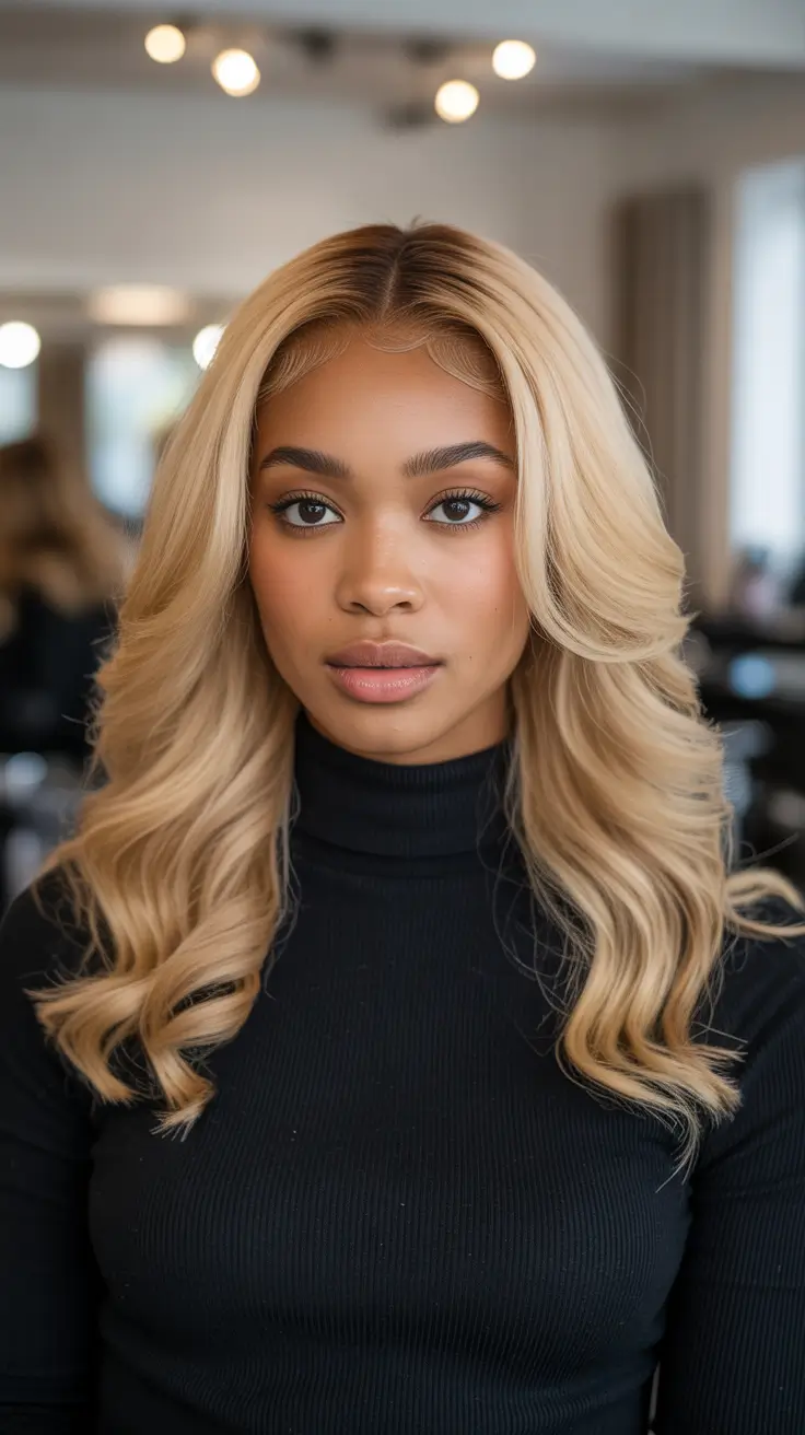 Cool hair color for brown skin 2026 Creamy Blonde With A Soft Root Shadow