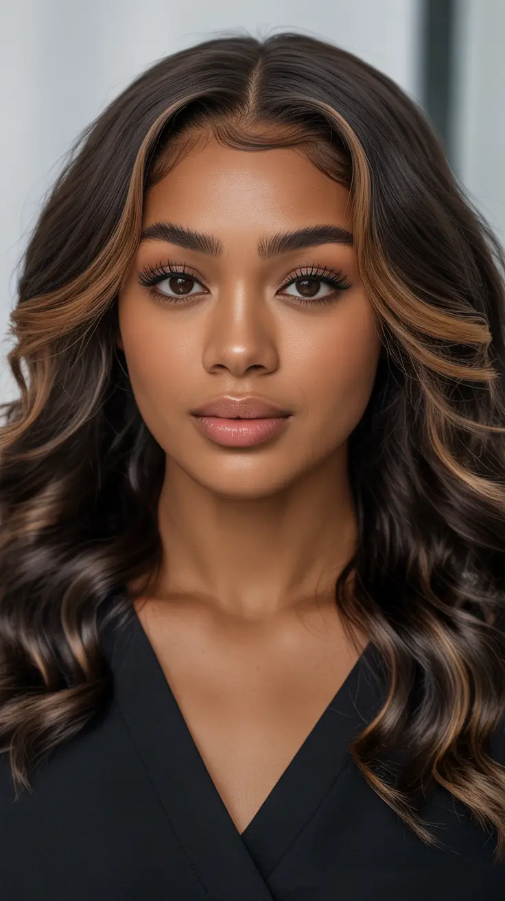 Cool hair color for brown skin 2026 Soft Honey Contour Brunette