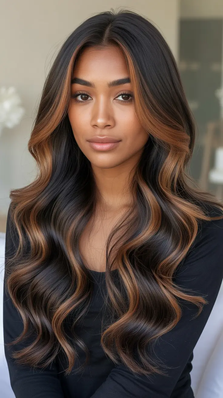 Cool hair color for brown skin 2026 Caramel Face Frame On Glossy Espresso Waves