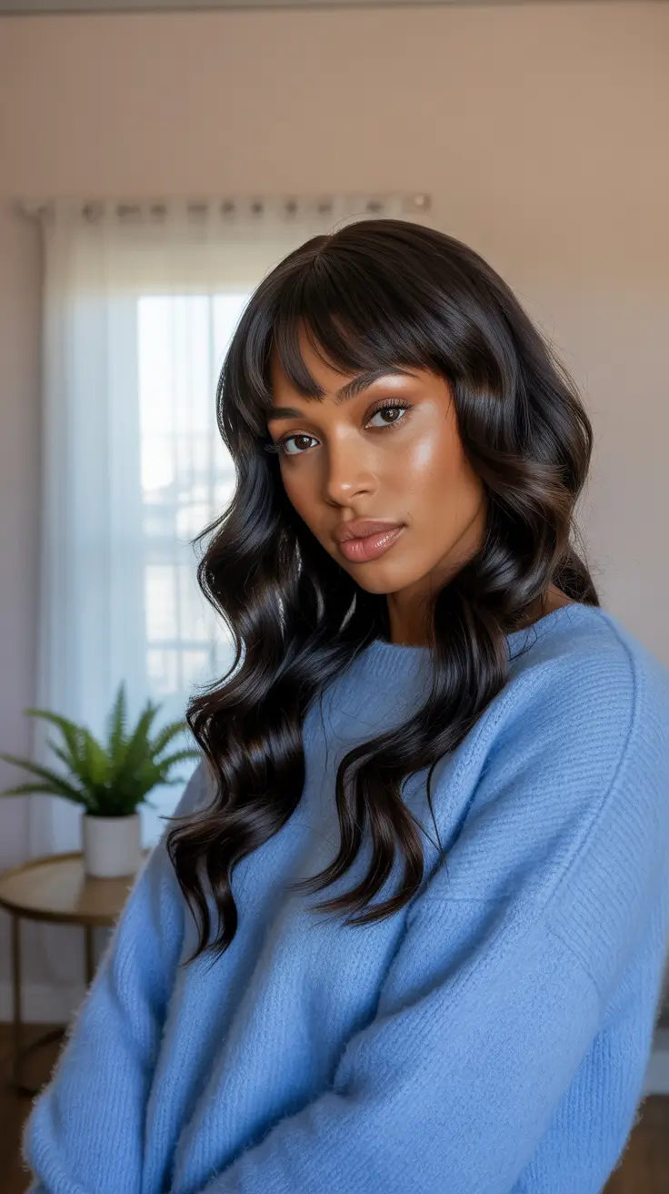 Cool hair color for brown skin 2026 Soft Espresso Waves With Fringe