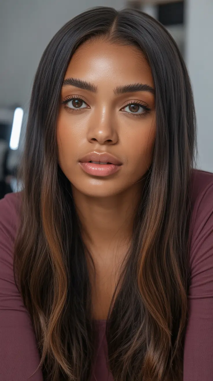 Cool hair color for brown skin 2026 Subtle Hazelnut Lights On Sleek Lengths