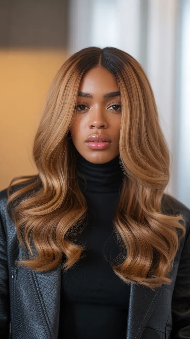 Cool hair color for brown skin 2026 Warm Honey Ombre With Lived In Roots