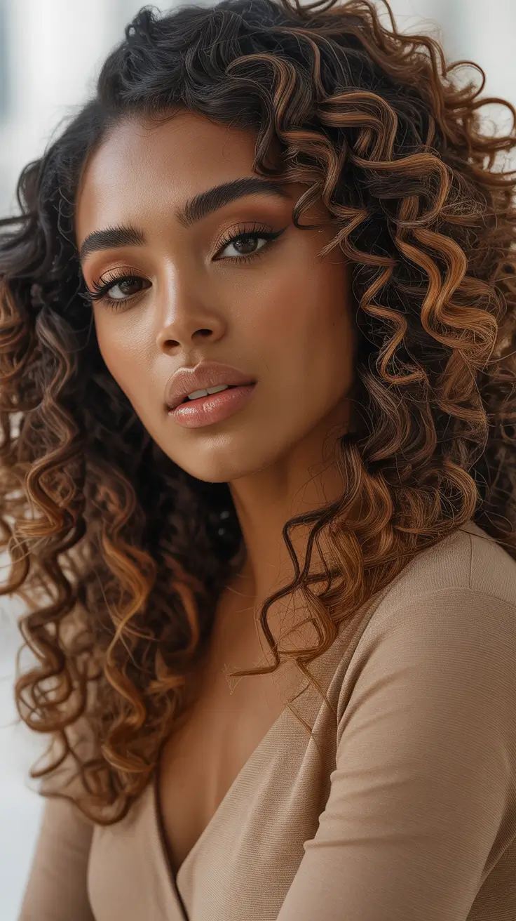 Cool hair color for brown skin 2026 Curly Caramel Halo On Chocolate Curls