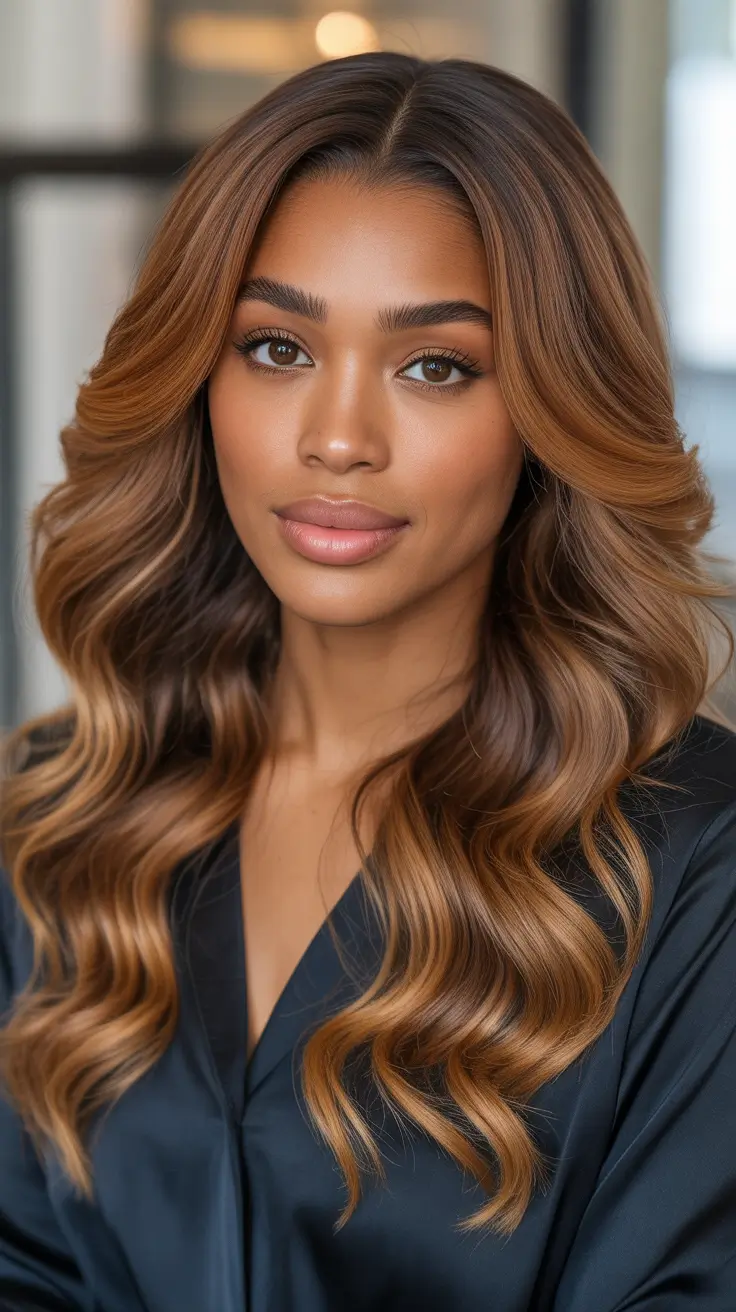 Cool hair color for brown skin 2026 Golden Caramel Curtain Waves