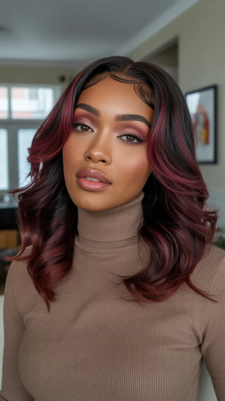 Cool hair color for brown skin 2026 Soft Burgundy Ribbons On Brown Skin