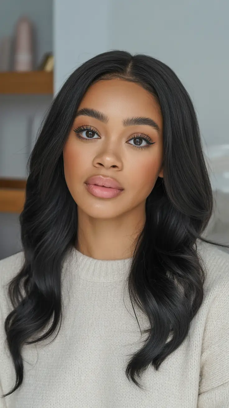 Best hair color for dark skin 2026 Glossy Jet Black Waves With Soft Movement