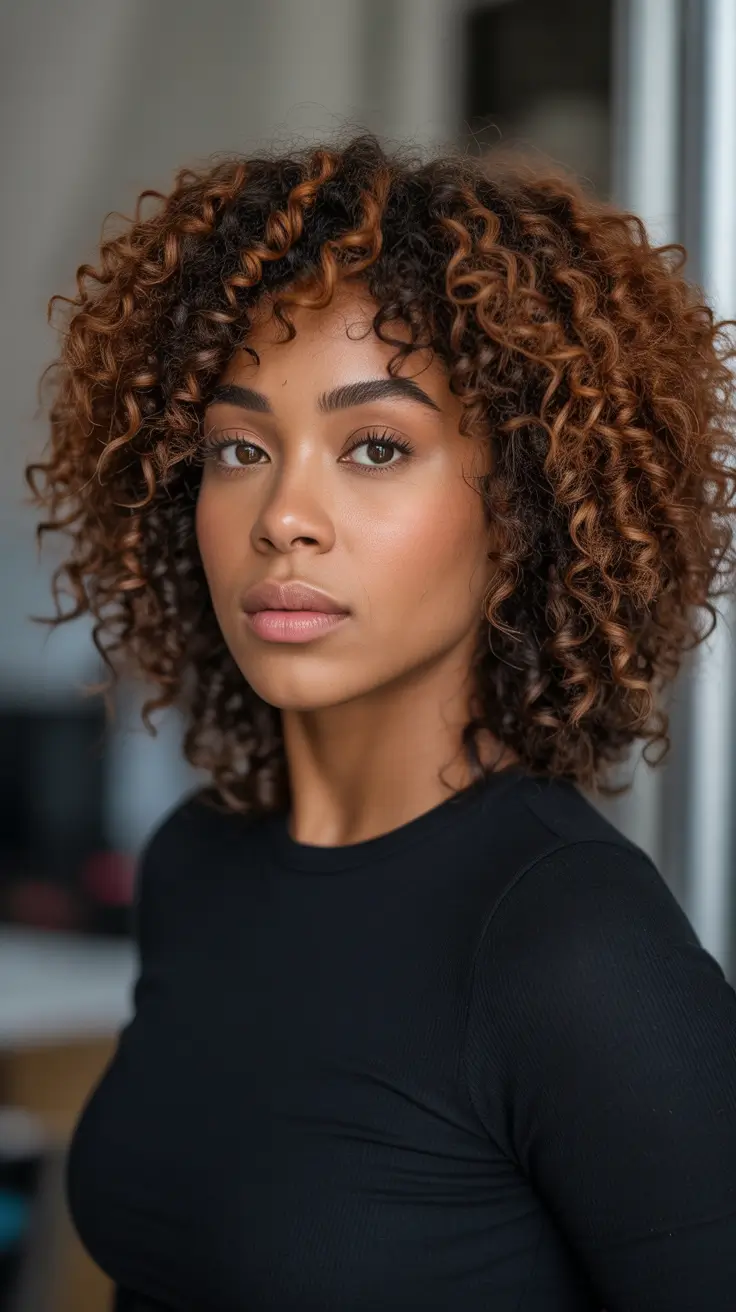 Best hair color for dark skin 2026 Warm Copper Curls With Lively Dimension