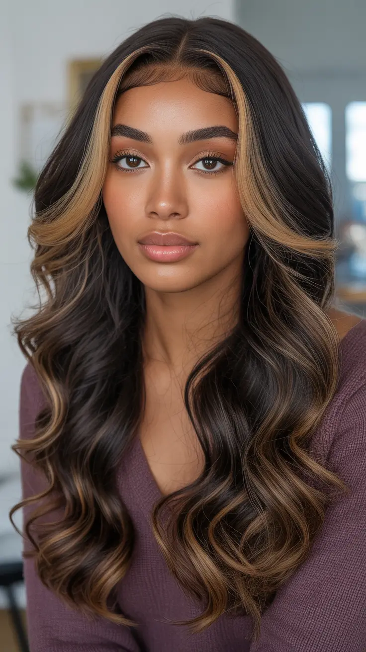 Best hair color for dark skin 2026 Face Framing Blonde Ribbons On Deep Waves