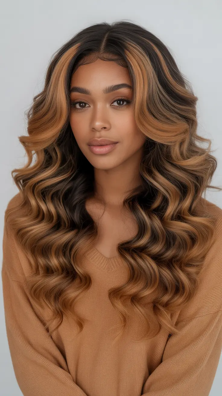 Best hair color for dark skin 2026 Golden Caramel Waves With Soft Volume