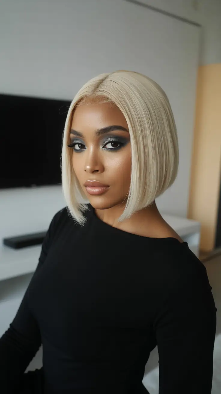 Best hair color for dark skin 2026 Icy Ash Blonde Bob With Clean Lines