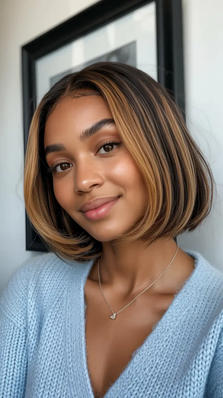 Best hair color for dark skin 2026 Soft Honey Brown Bob With Lived In Highlights