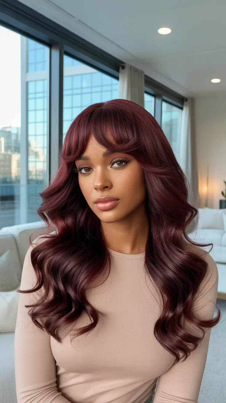 Best Hair Color For Dark Skin 2026 Rich Merlot Waves With Soft Curtain Bangs
