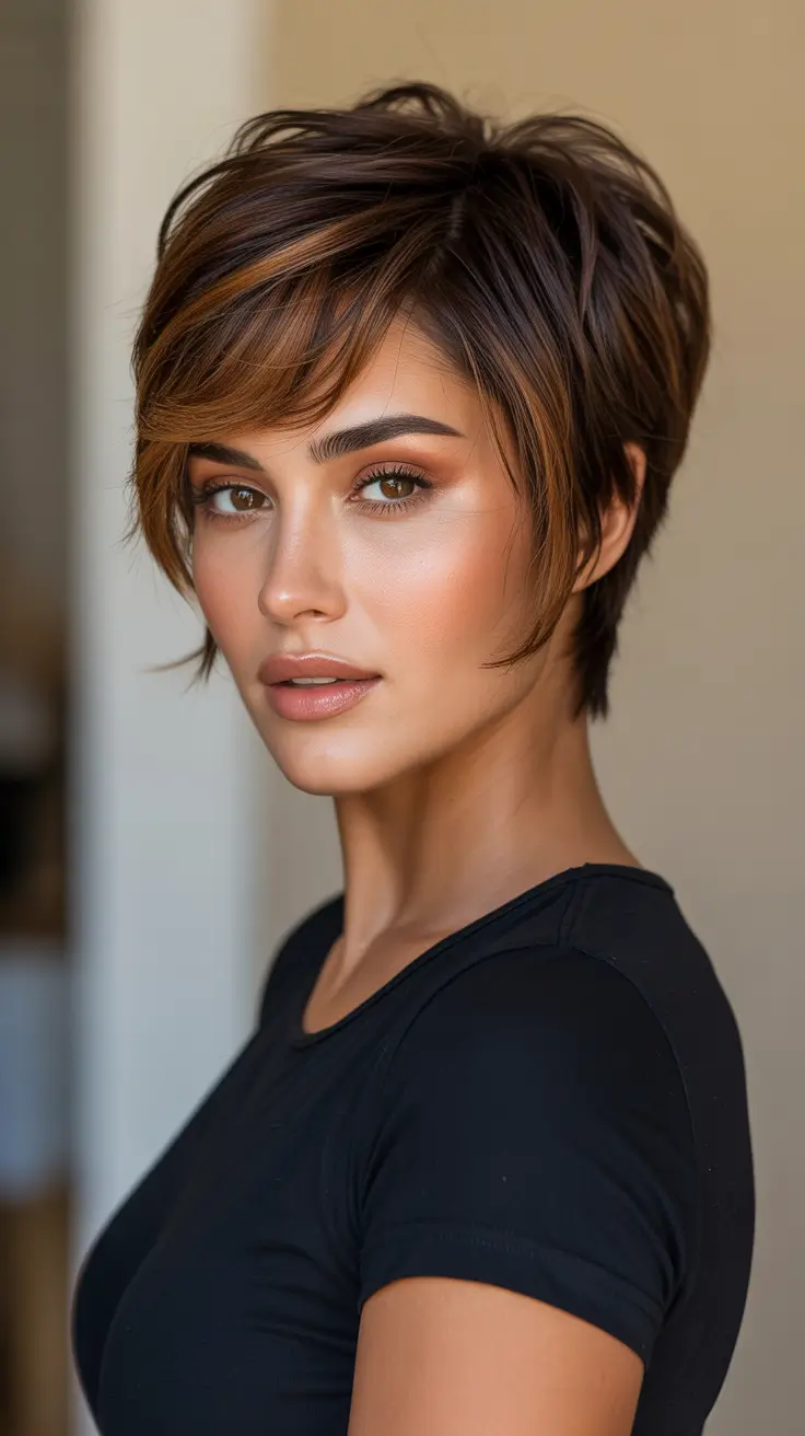 Best hair color for tan skin 2026 - Textured Brunette Pixie With Caramel Highlights
