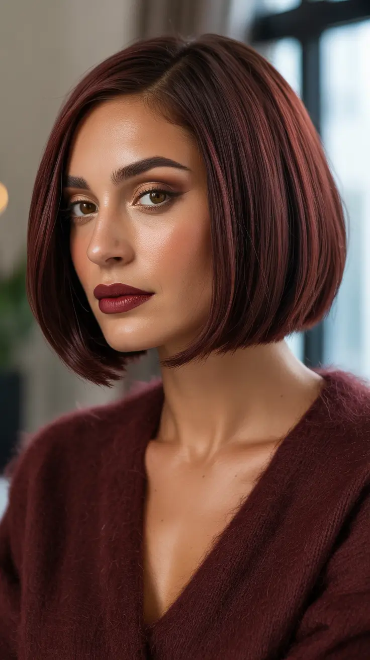 Best Hair Color For Tan Skin 2026 - Wine Red Micro Bob For Bold Tan Skin
