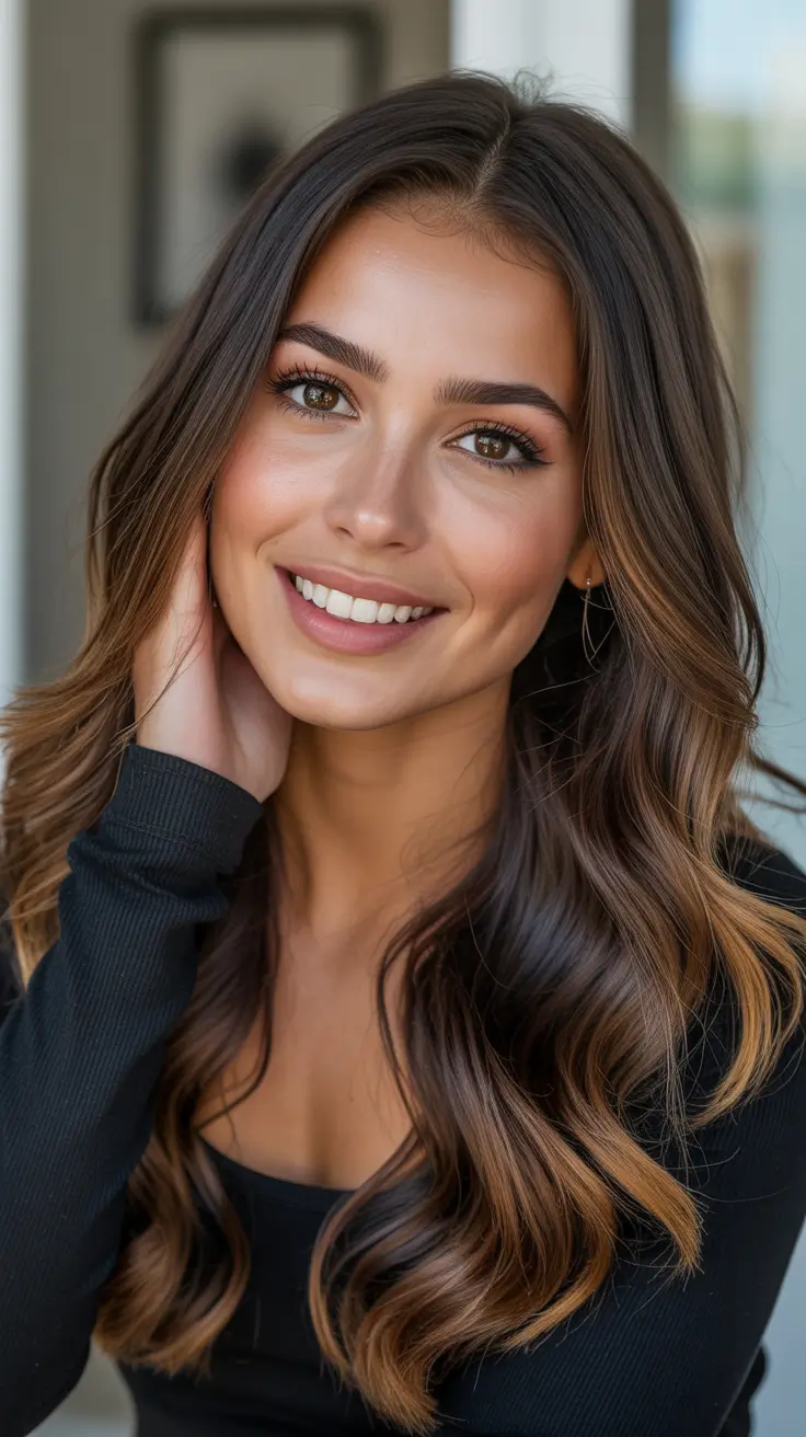 Best Hair Color For Tan Skin 2026 - Soft Caramel Waves On Espresso Brunette