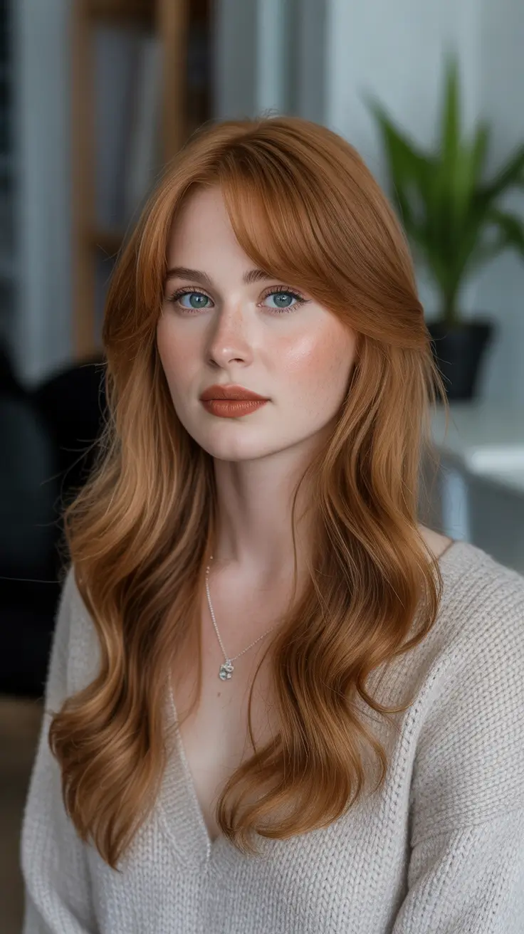 Best Hair Color For Light Skin 2026 Warm Copper Waves With Soft Fringe