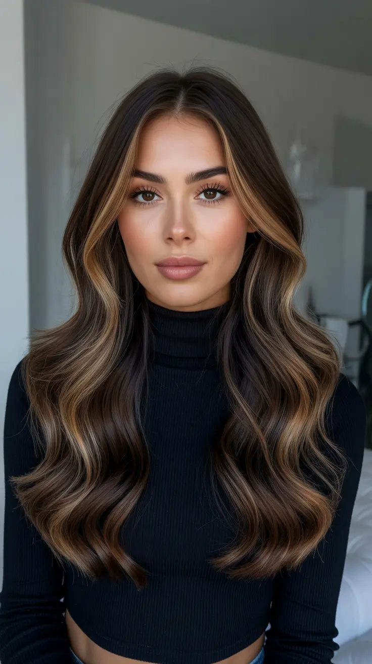 Top hair color trends 2026 - Soft Caramel Money Piece On Espresso Waves