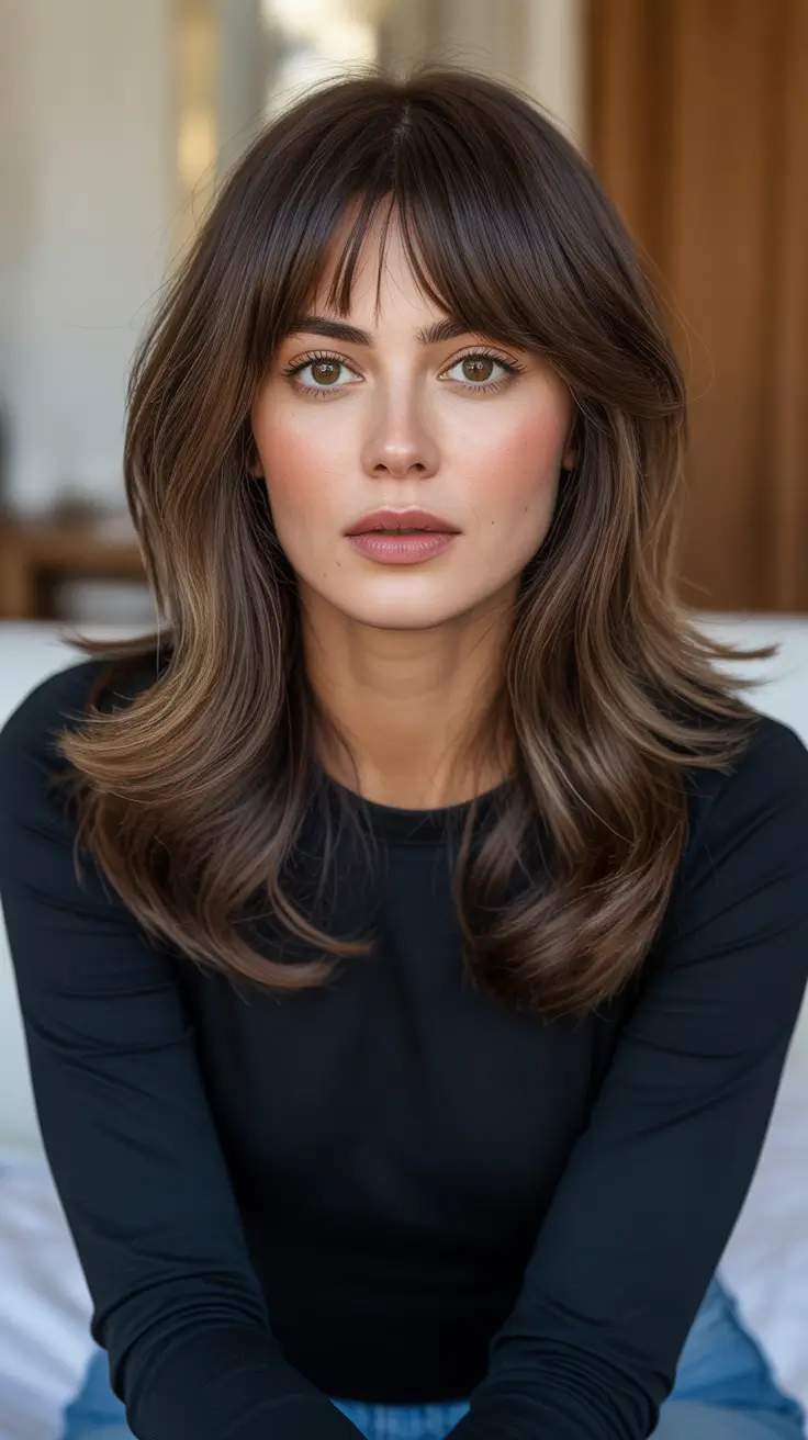 Top hair color trends 2026 - Soft Hazelnut Layers With Curtain Bangs