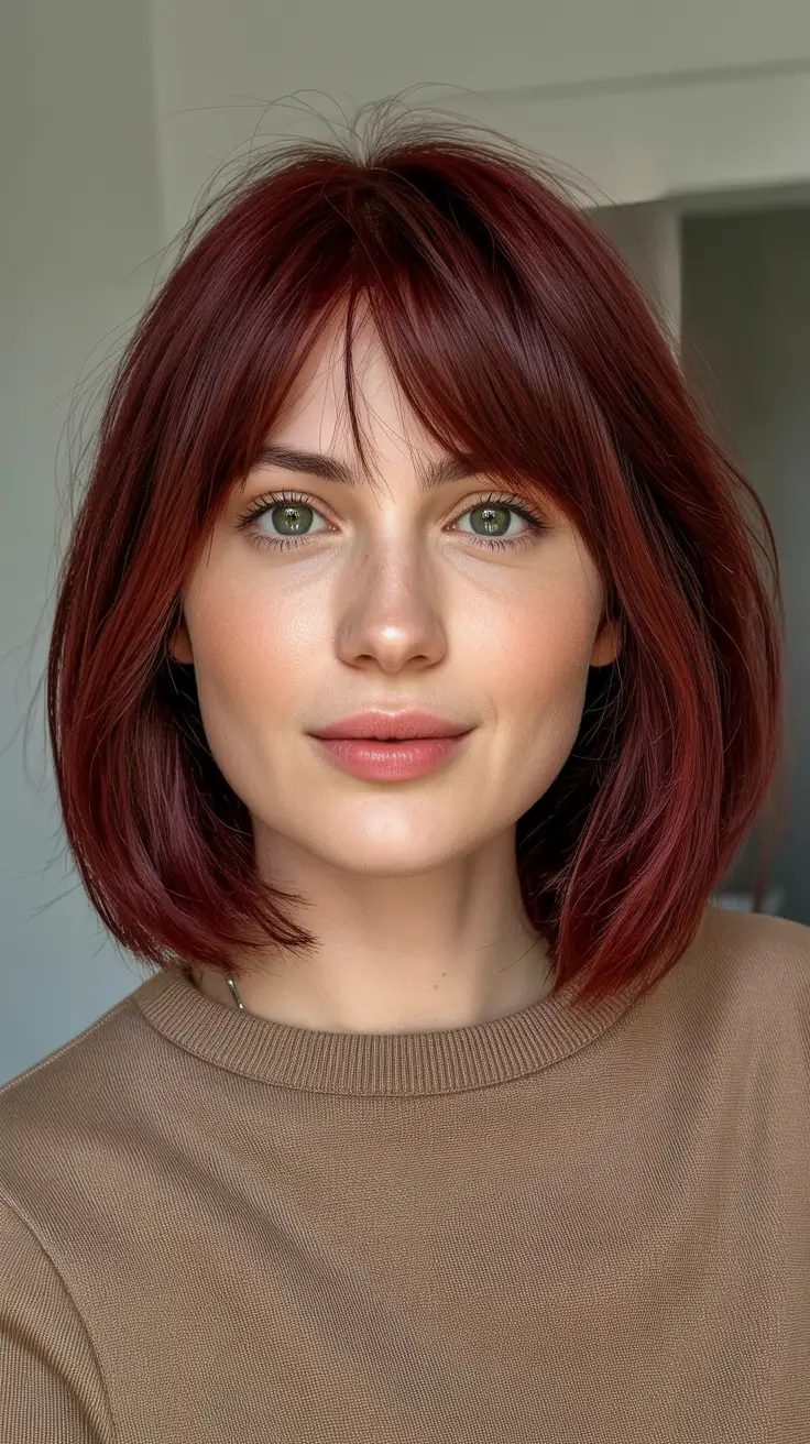 Top hair color trends 2026 - Cherry Cola Bob With Feathered Fringe