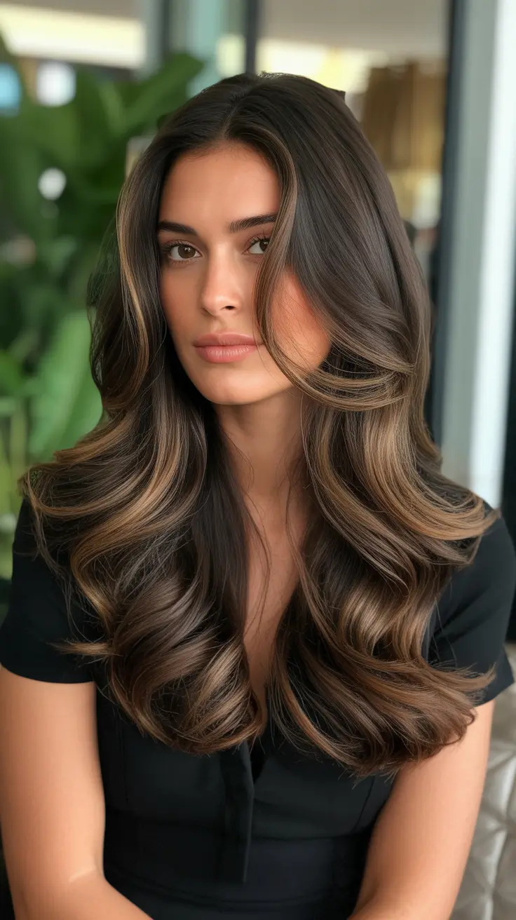 Top hair color trends 2026 - Expensive Espresso Waves With Subtle Ribbon Lights