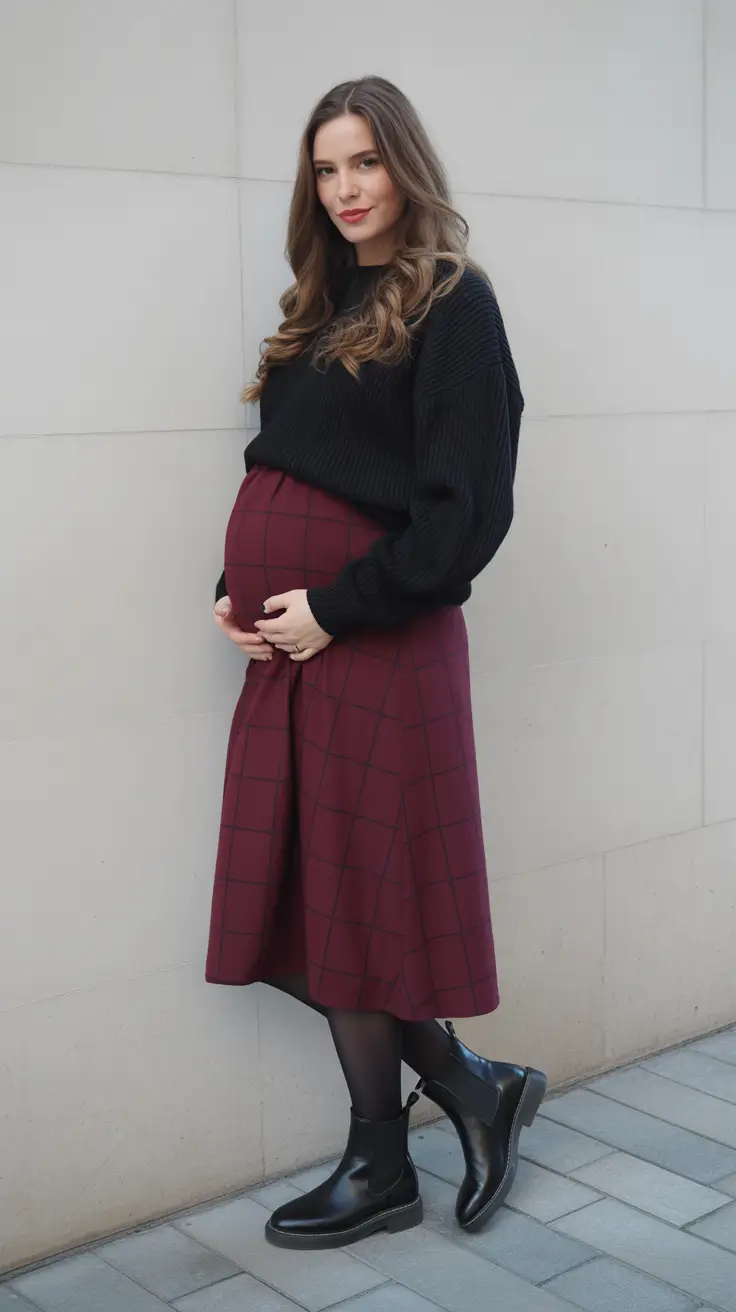 Trendy maternity outfits 2026 - Textured Knit + Check Midi - the polished cool-weather uniform