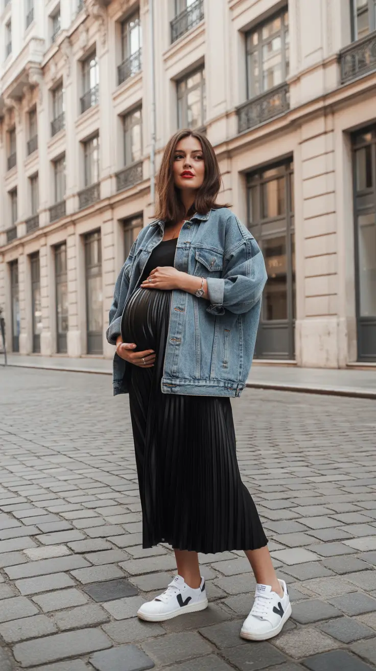 Trendy maternity outfits 2026 - Pleated midi with oversized denim jacket and sneakers