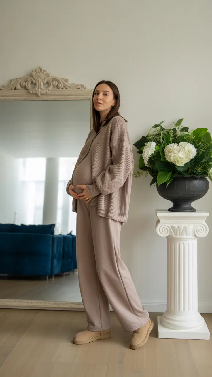 Trendy maternity outfits 2026 - Taupe Knit Set + Cozy Mocs - cloud-soft lounge that still reads styled