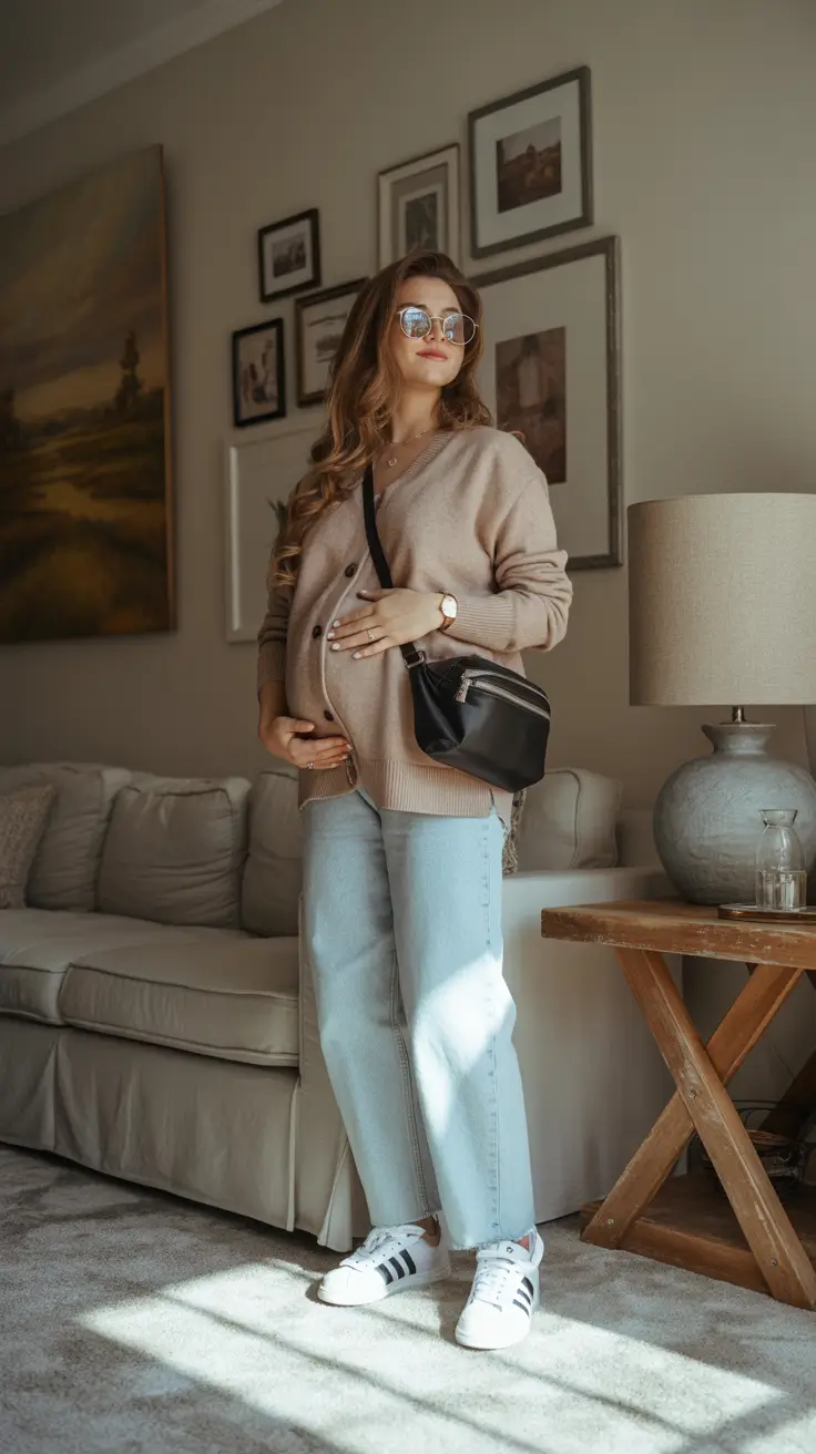 Trendy maternity outfits 2026 - Cardigan + Light-Wash Jeans + Classics - weekend denim done right