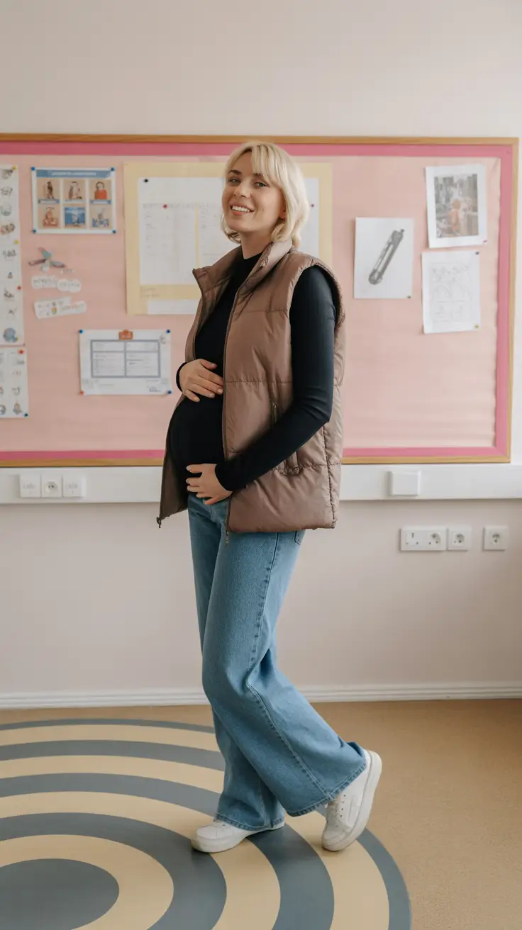 Trendy maternity outfits 2026 - Puffer vest, black knit, and soft boot-cut denim