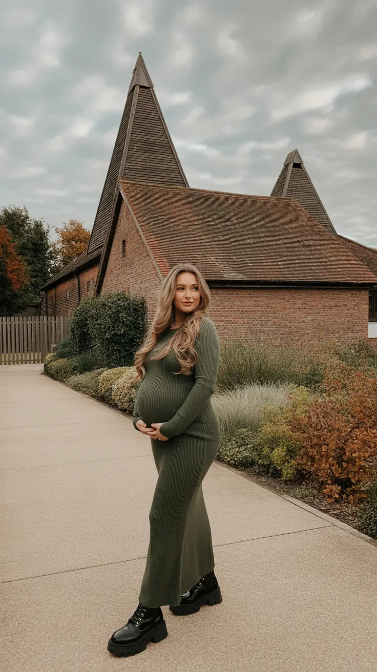 Trendy maternity outfits 2026 - Ribbed Olive Dress + Lug Soles - streamlined edge for everyday