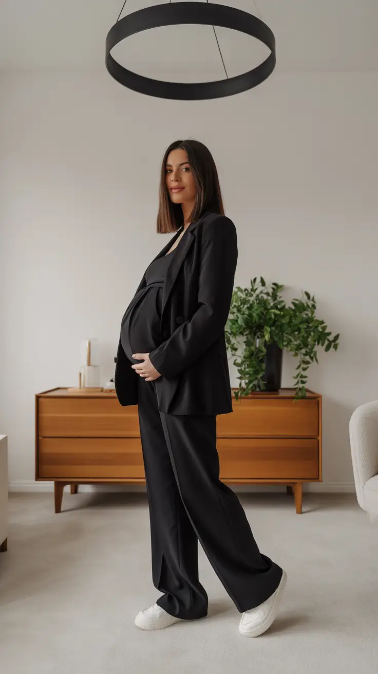 Trendy maternity outfits 2026 - Relaxed black suit with sneakers, modern minimal