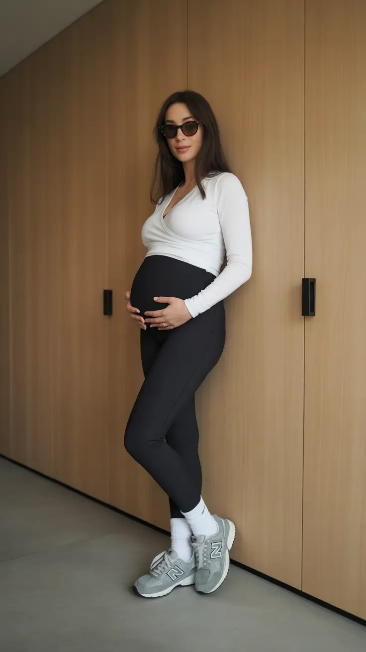 Trendy maternity outfits 2026 - Wrap Top + Compression Leggings + Retro Runners - everyday athflow