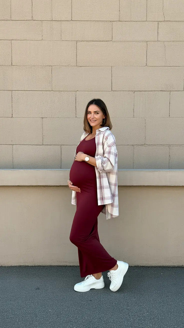 Trendy maternity outfits 2026 - Effortless burgundy dress with easy layers