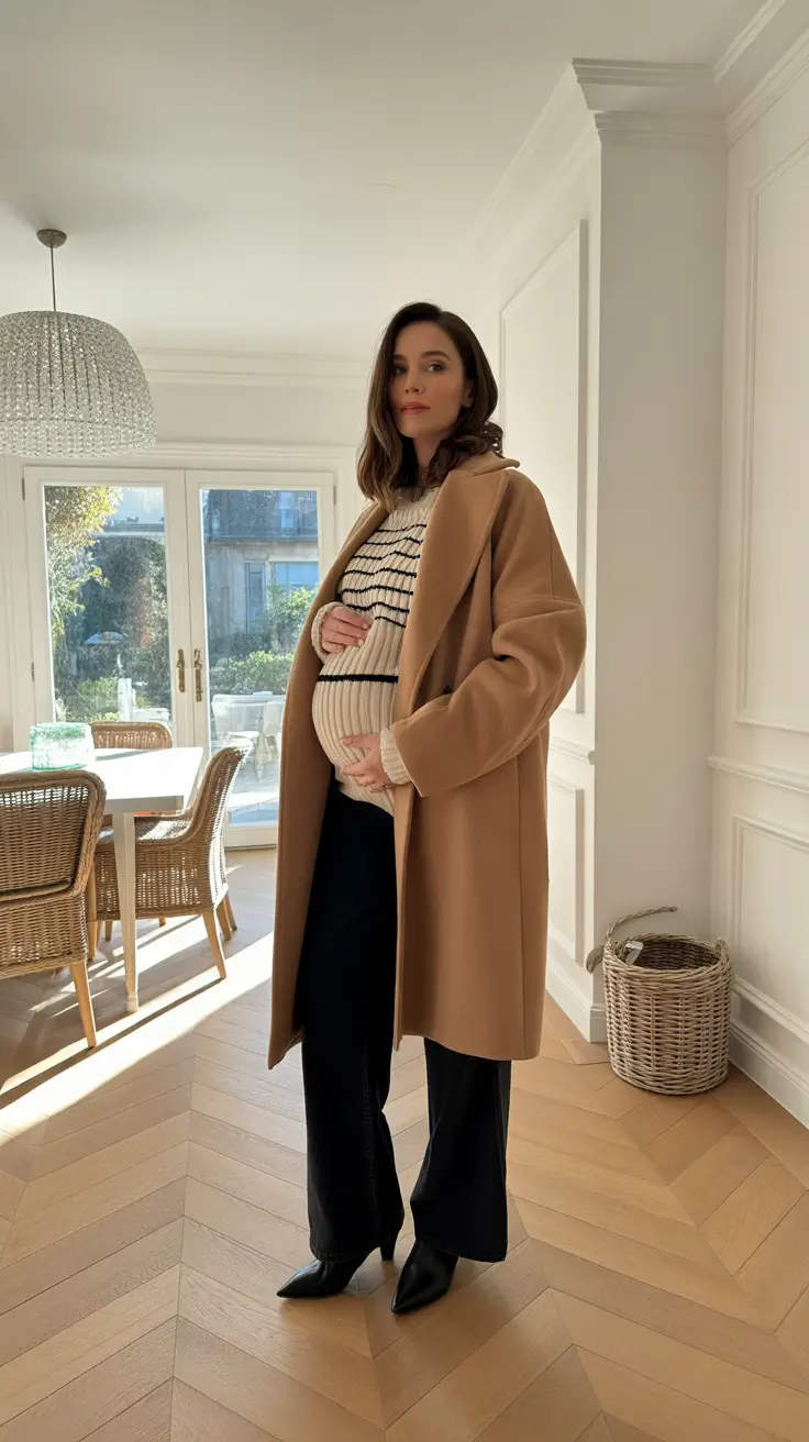 Trendy maternity outfits 2026 - Tailored stripes and camel coat for the office