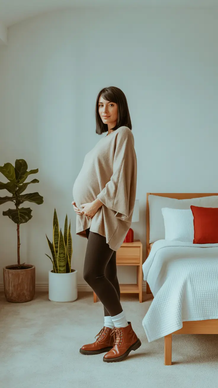 Trendy maternity outfits 2026 - Cozy poncho knit with leggings and trail boots