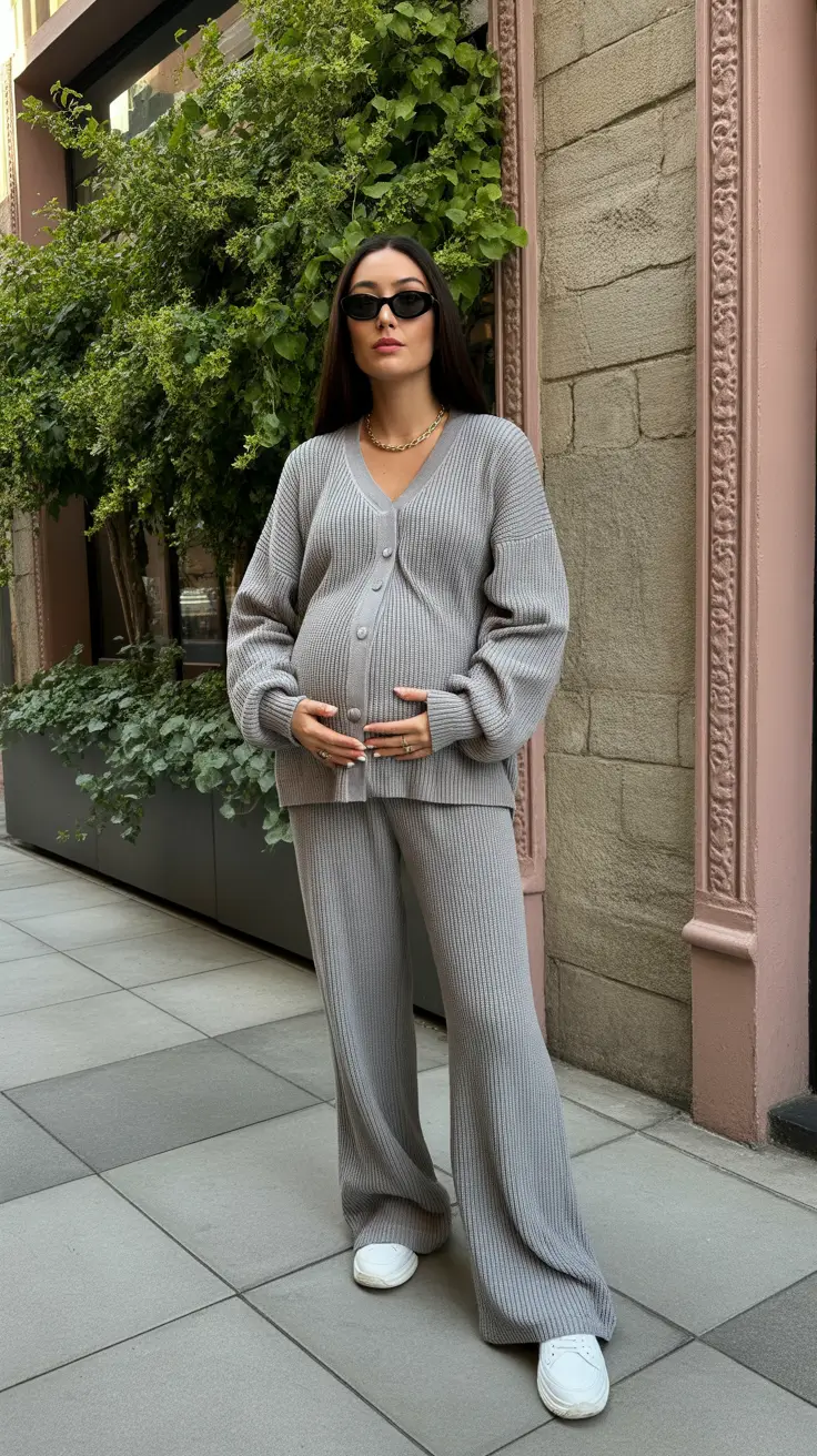 Trendy maternity outfits 2026 - Monochrome ribbed set that looks like quiet luxury